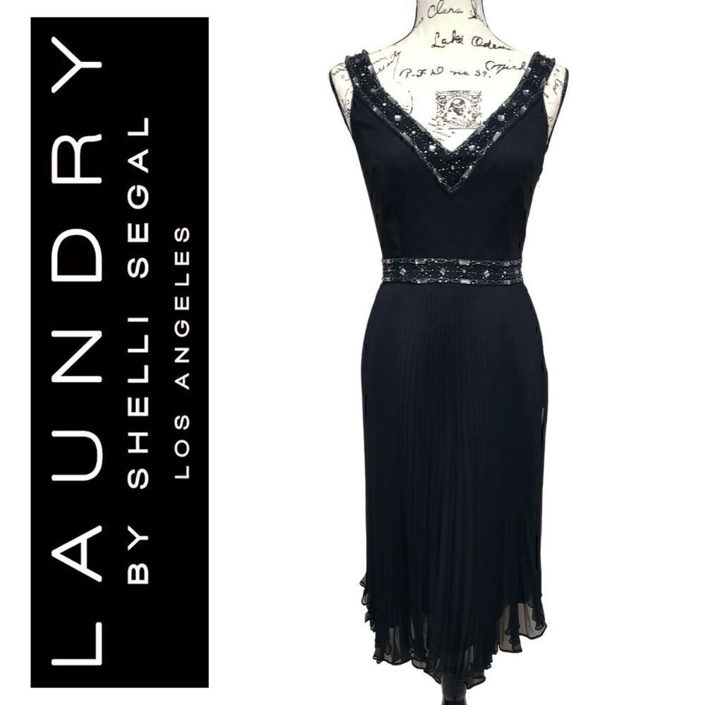 LAUNDRY BY SHELLI SEGAL Black Beaded V-Neck Pleated Dress NEW MSRP $340 SIZE 2